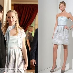 BCBGMAXAZRIA Strapless Jacquard Dress With AE Crochet Shrug ASO Caroline Forbes
